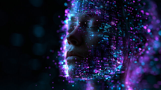 Futuristic AI Digital Face with Glowing Neon Data Particles
