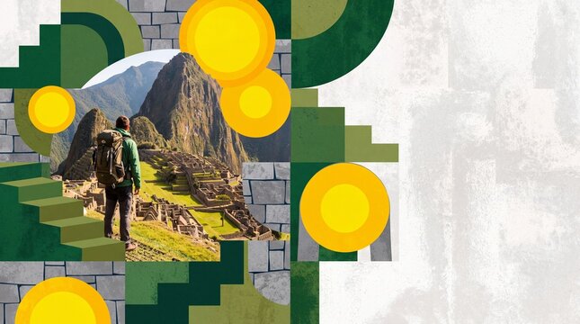 Hiker Overlooking Machu Picchu in Modern Travel Collage