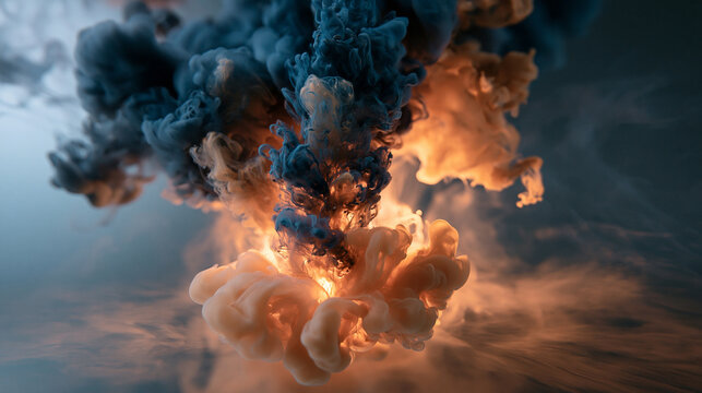 Abstract Swirl of Blue and Orange Ink Cloud Explosion