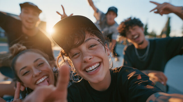 Happy Young Diverse Friends Taking Selfie Outdoors at Sunset
