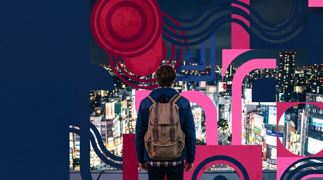 Backpacker Overlooking Vibrant Cityscape with Abstract Graphic Elements