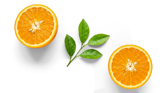 Fresh Orange Halves with Green Leafy Branch PNG Isolated on Transparent Background - Two Sliced Citrus Fruit Flat Lay for Food Design and Beverage Packaging