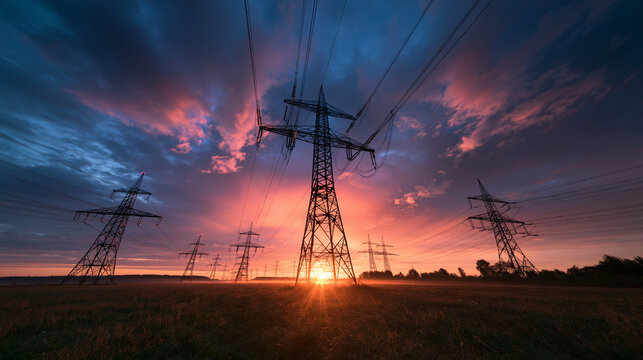 Electricity Pylons and Power Lines at Dramatic Sunset