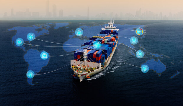 Aerial top view containers ship cargo business commercial logistic and transportation international import export by container freight cargo ship in the open seaport show ocean network on map