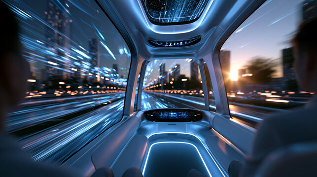 Autonomous Vehicle Speeding Through Modern Smart City at Sunset