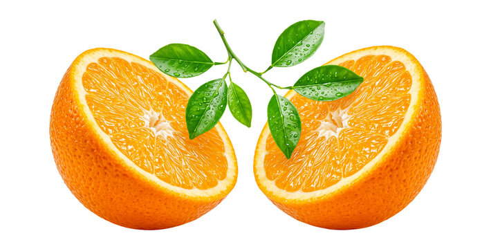 Fresh Cut Orange Halves with Green Leaves and Water Drops PNG Isolated on Transparent Background - Two Halved Citrus Fruit Cutout for Food Packaging, Juice Branding, and Healthy Diet Concept Visuals