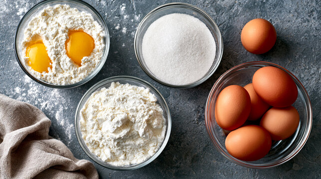 Baking preparation with flour sugar eggs and mixture in glass bowls, ingredients