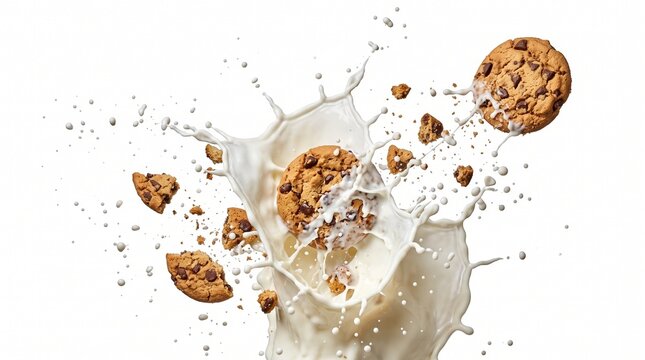 Splash of fresh cold milk with chocolate chip cookies breaking surface in dynamic motion