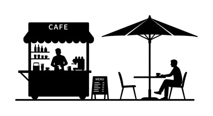 Fototapeta premium Black silhouette of a cafe kiosk with a server and seated customer on a white background