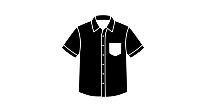 A black silhouette of a short sleeved button down shirt against a white background