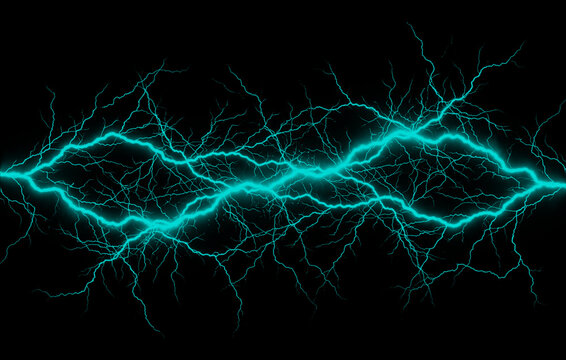 Cyan electric lightning arc flash on black background