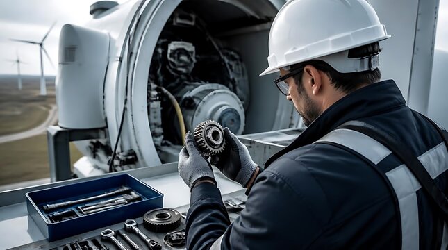 Precision mechanical technician inspecting and assembling industrial gear components in a high-tech manufacturing environment