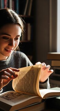 Young woman reading an antique book in a cozy library setting.