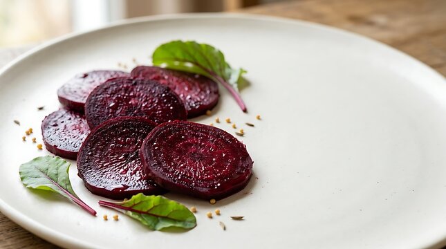 Fermented beetroot slices on a white plate, healthy probiotic vegetable snack