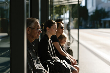 Fototapeta premium A similar scene to another bus stop captures an elderly man and diverse individuals waiting, showcasing the essence of shared public transport experiences in urban life.