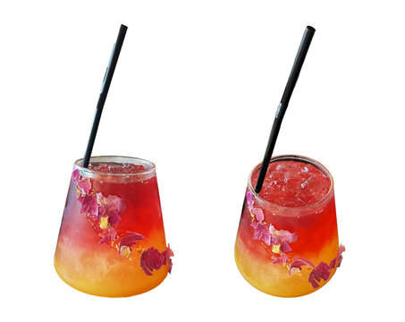 Two layered red and yellow iced cocktails garnished with dried rose petals for luxury bar menus on a transparent background
