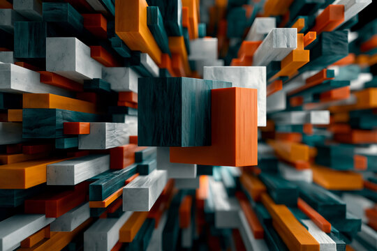 A dramatic, close-up, exploded-view composition of complex geometric cubes and rectangular blocks in vibrant shades of teal, orange, and white, creating depth.