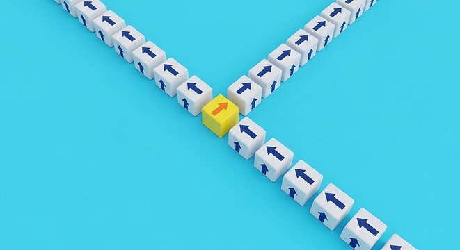 Strategic leadership concept with yellow arrow cube, unique direction and business path, divergent thinking and decision making