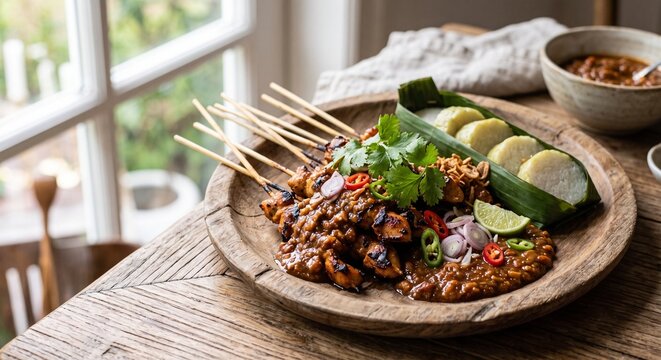 Authentic Indonesian Sate Ayam Served with Lontong on Wooden Plate
