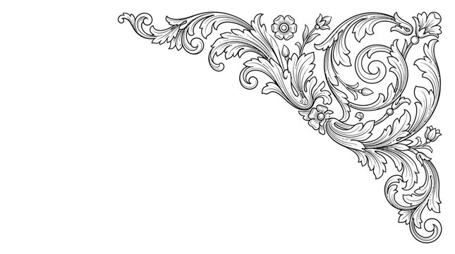 Ornate vintage corner flourish with floral elements and swirling patterns in black and white.