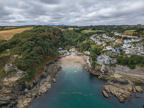 Aerial view of Readymoney Beach and St Catherines Castle in Fowey Cornwall