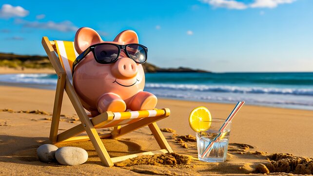 Cute pig relaxing on beach chair with sunglasses and tropical summer vacation drink