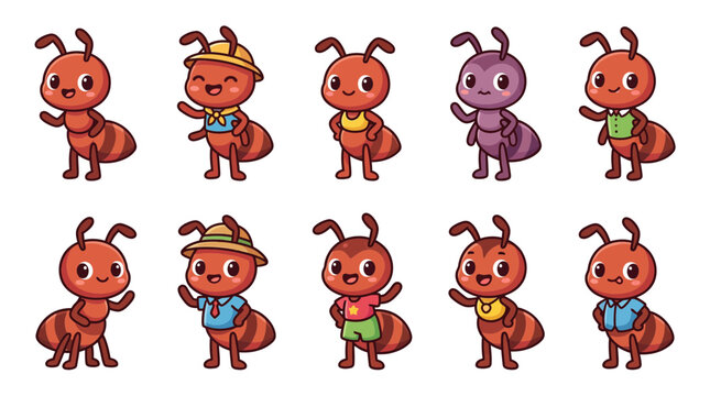 Cartoon red ant characters wearing hats and outfits in various poses.
