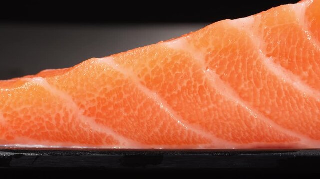 Macro camera sliding left to right along fresh raw salmon fillet showing detailed texture and marbling.