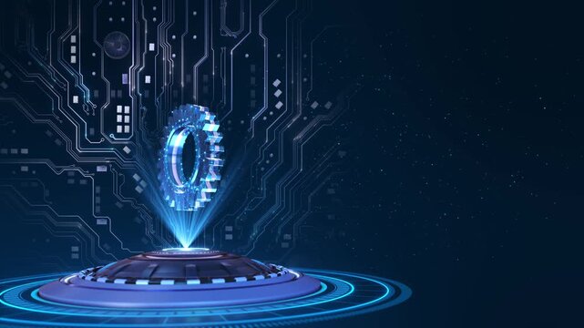 Futuristic gear projection represents agentic AI, autonomous operations and intelligent workflow orchestration across connected systems, suitable for enterprise automation and advanced 19.