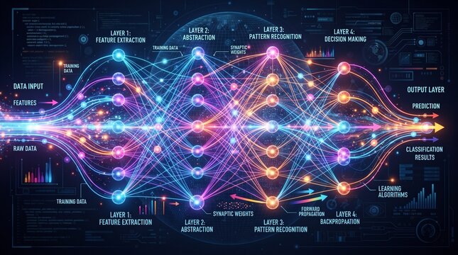 Glowing Colorful Neural Network Concept Representing Machine Learning 