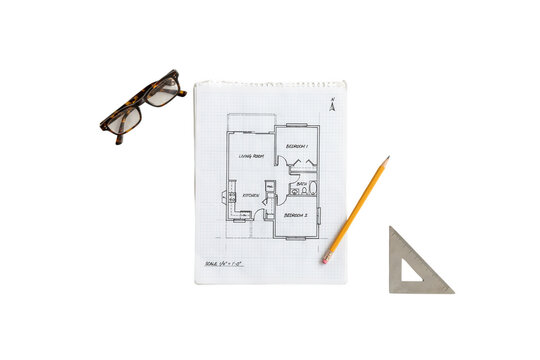 Architectural Concept: House Blueprint with Pencil and Triangle Ruler Isolated on White. Interior Design Plan with Spectacles. Real Estate Floor Plan and Glass Eyewear for Home Construction.