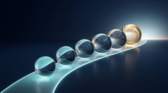 Futuristic 3D render of transparent glass spheres arranged on a curved glowing neon path with one standout illuminated golden orb, symbolizing leadership and innovation in technology.