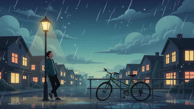 Young person leaning on a lamppost in a rainy street at night with a bicycle nearby and houses in the background.