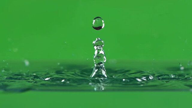 Water Drop Splash with Crown and Ripples in Slow Motion on Green Screen