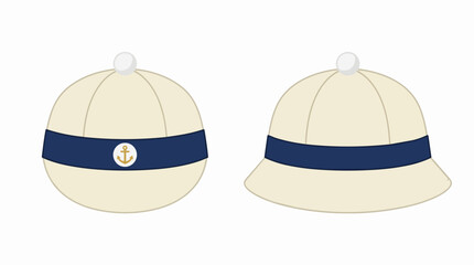 Fototapeta premium Classic Marine Sailor Caps Featuring Navy Blue Ribbon and Anchor Symbol for Nautical Theme and Cruise Vacation