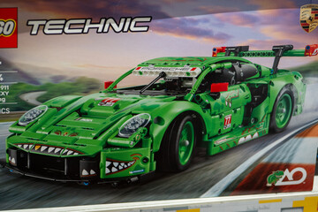Fototapeta premium LEGO Technic Porsche 911 GT3 R Rexy Green Racing Sports Car Building Blocks Model Toy Set Retail Box. Milan, Italy - June 24, 2026