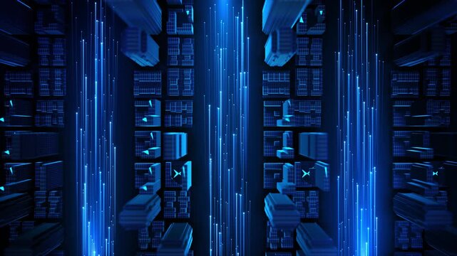 Blue server environment represents hyperscale AI computing, GPU acceleration, neural model training, cloud workloads, scalable infrastructure, data storage and enterprise operations.