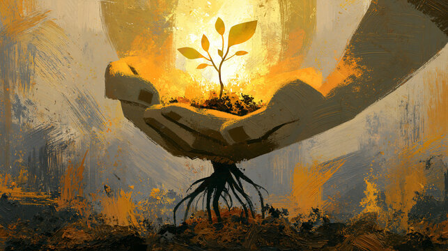 A stylized textured digital illustration focusing on hands protecting a small, glowing sprout rising from the soil, emphasizing environmental restoration and growth.