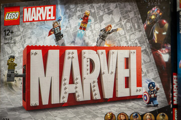 Fototapeta premium Colorful Retail Box of LEGO Marvel Avengers Logo Building Blocks Set with Superhero Minifigures Pack. Milan, Italy - June 24, 2026