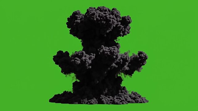 Black Smoke Explosion with Rising Dark Smoke Cloud on Green Screen