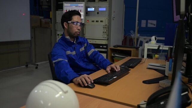 Inside the large Industry Factory male Computer Engineer Works on Personal Computer She coding program for control machine,Thailand people work on fours monitors,Programmer working with serious