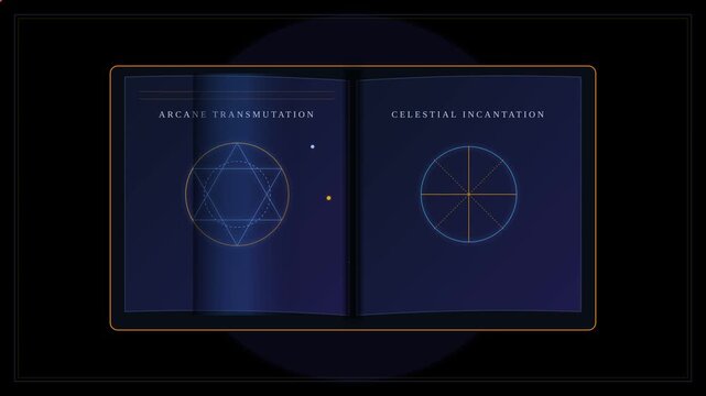 Animated Magic Spellbook Page Turning with Geometric Alchemy Symbols and Celestial Diagrams