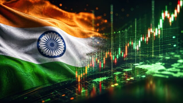 Indian flag waving over green and red digital stock market trading charts for economic growth.