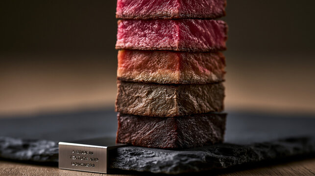 A professional culinary study showing a vertical stack of square beef steak slices, each cooked to a different level of doneness, from rare to well-done.