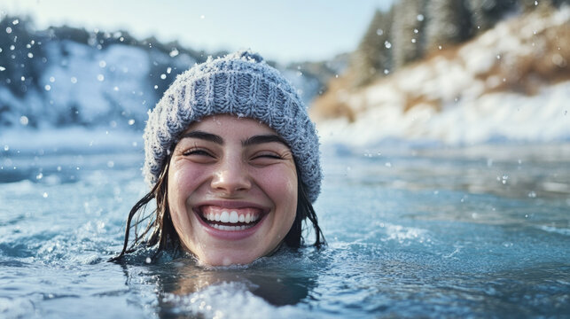 Joyful woman swimming outdoors in snowy winter landscape.