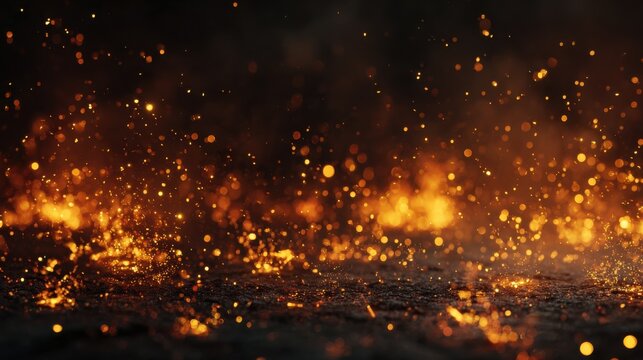 Intense burning fire sparks on dark textured ground for dramatic industrial forge background.