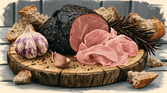 A highly detailed, vintage-style folk art illustration showcasing a charcuterie spread on a wooden board, featuring cured meats, garlic, and herbs.