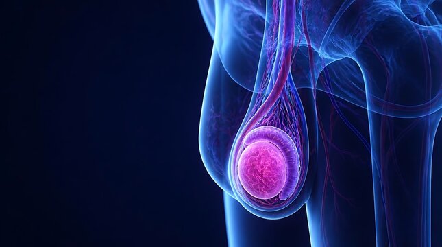 Detailed digital illustration of human male reproductive anatomy showing testicles and surrounding structures in vibrant colors