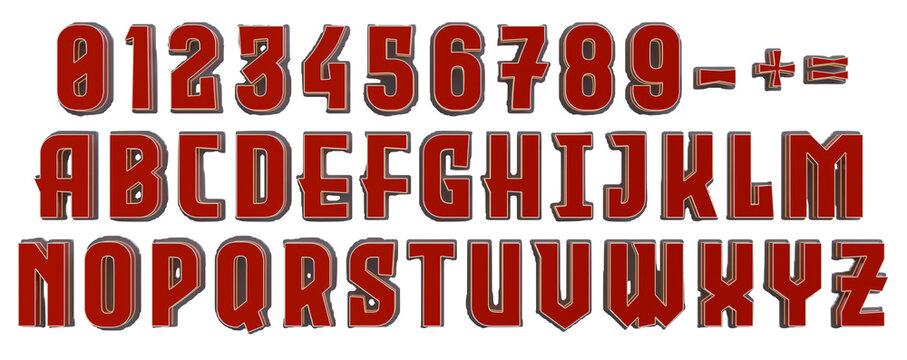 3D Bold Red Sans-Serif Alphabet on Transparent Background &mdash; Heavy Double Stroke Sports Font with Numbers and Symbols, Uppercase Only