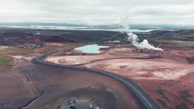 Aerial view from Myvatn lookout on a cloudy summer day in